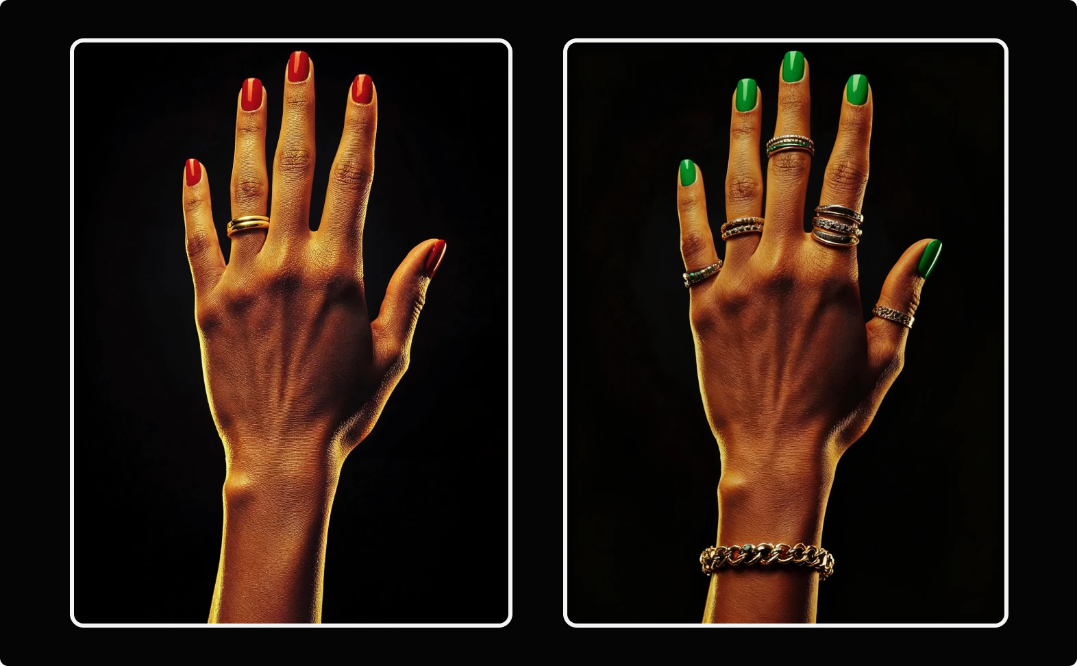 Example of AI image editing showing a hand with gold rings and bracelet, nails changed from red polish to green polish, demonstrating smart editing capabilities with simple text commands.
