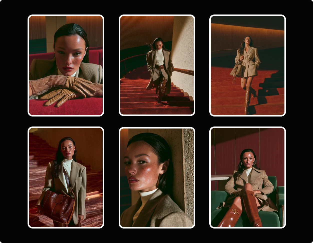 AI-generated character consistency example showing the same fashion model across multiple images in different poses and settings, highlighting how brands can maintain visual storytelling and campaign cohesion.