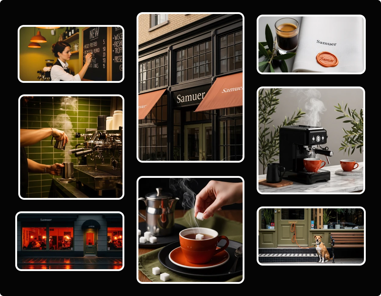 AI branding visuals featuring a coffee shop theme with consistent aesthetic: barista making coffee, café storefront, branded packaging, espresso machine, steaming cup, and outdoor café seating.
