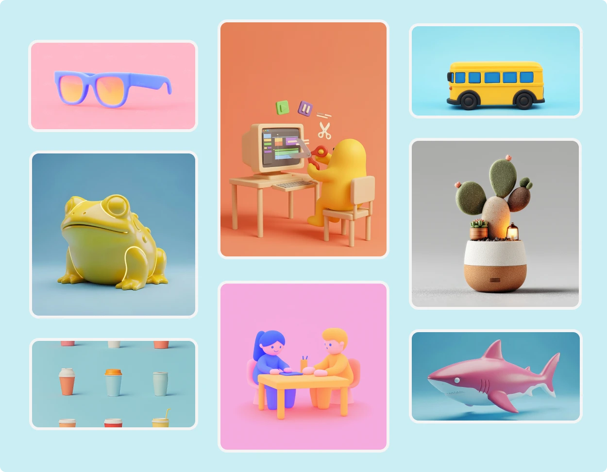 A colorful collage of 3D illustrations featuring playful objects and characters, including sunglasses, a yellow frog, a cactus plant, a yellow school bus, coffee cups, a pink and yellow shark, and two people sitting at a table, all styled in soft pastel tones with smooth textures and rounded shapes.