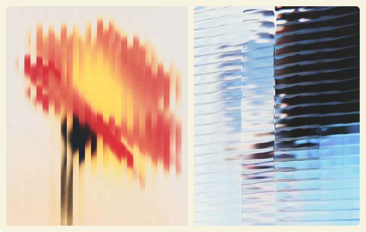 A split image featuring two abstract visuals. On the left, a blurred red and yellow flower appears pixelated with vertical distortion, creating a motion effect. On the right, a close-up of rippled glass reflects cool blue and silver tones, distorting the light and shapes behind it.