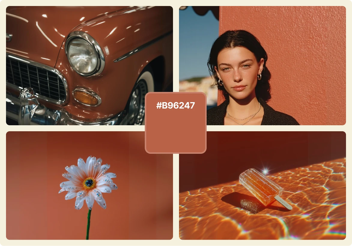 A warm retro color palette featuring the shade #B96247, with visuals of a vintage bronze car, a woman standing against a terracotta wall, a single white flower with glitter, and a sparkling orange popsicle reflecting sunlight in water. The image captures nostalgic summer vibes with earthy copper tones and sunlit aesthetics.