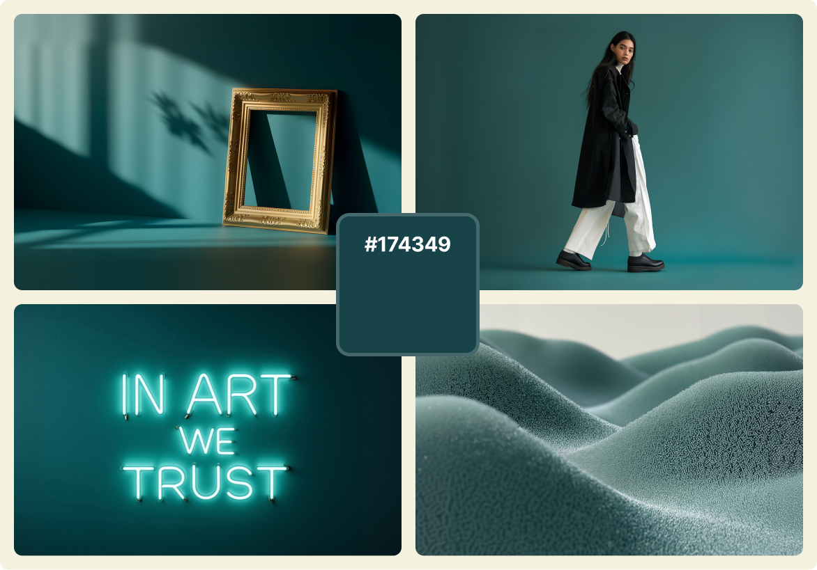 A cool-toned modern color palette featuring the shade #174349, with visuals of a minimalist gold picture frame in teal light, a woman dressed in a black coat and white trousers, a glowing neon sign reading “IN ART WE TRUST,” and textured teal waves resembling soft dunes. The image evokes a calm, artistic, and contemporary aesthetic inspired by deep sea green tones.