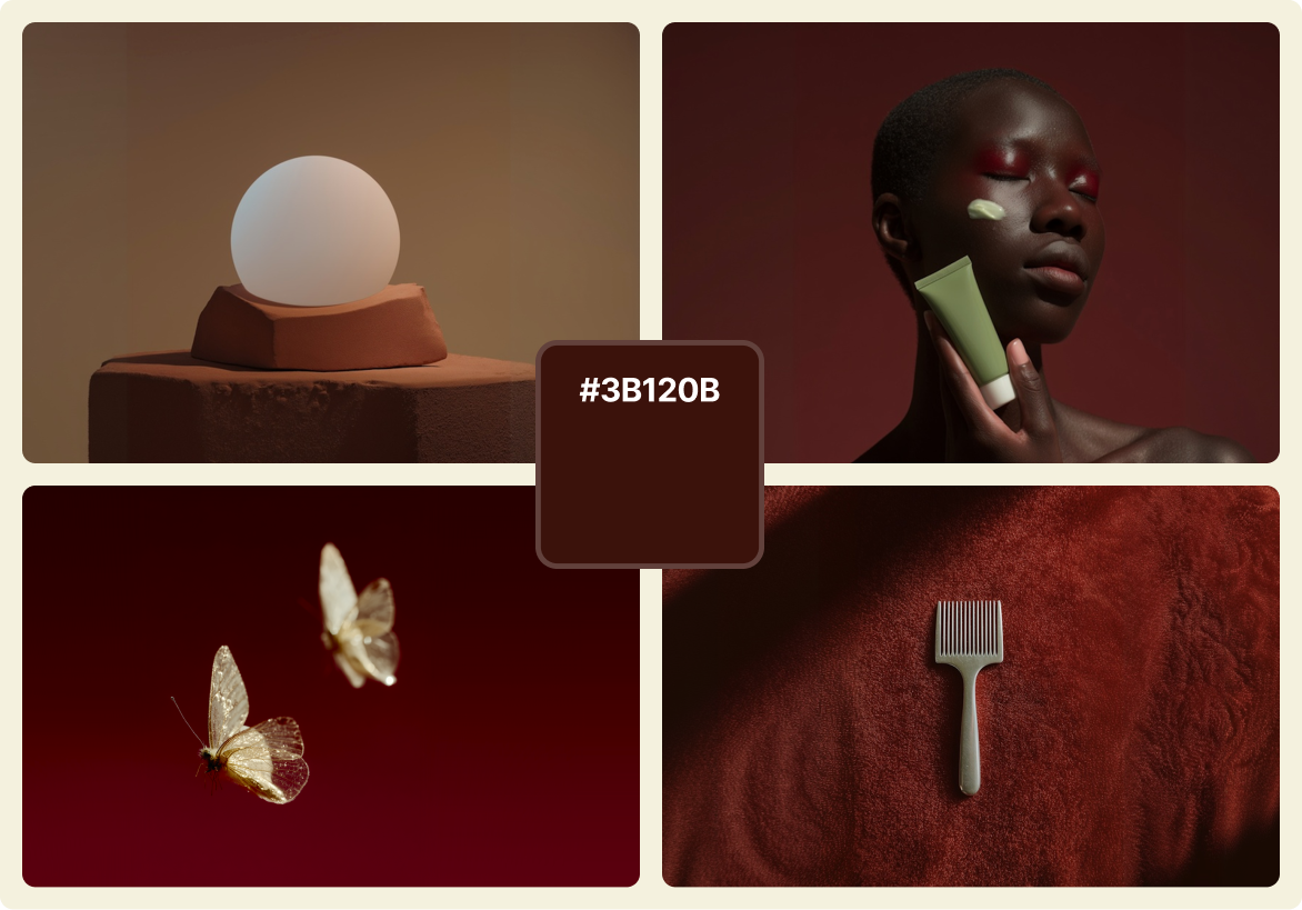 A rich, earthy color palette centered on the shade #3B120B, featuring visuals of a glowing orb on clay blocks, a woman with deep skin tone applying cream, two delicate butterflies against a burgundy backdrop, and a styling comb resting on soft brown fabric. The image evokes warmth, luxury, and natural beauty through dark chocolate and terracotta tones.