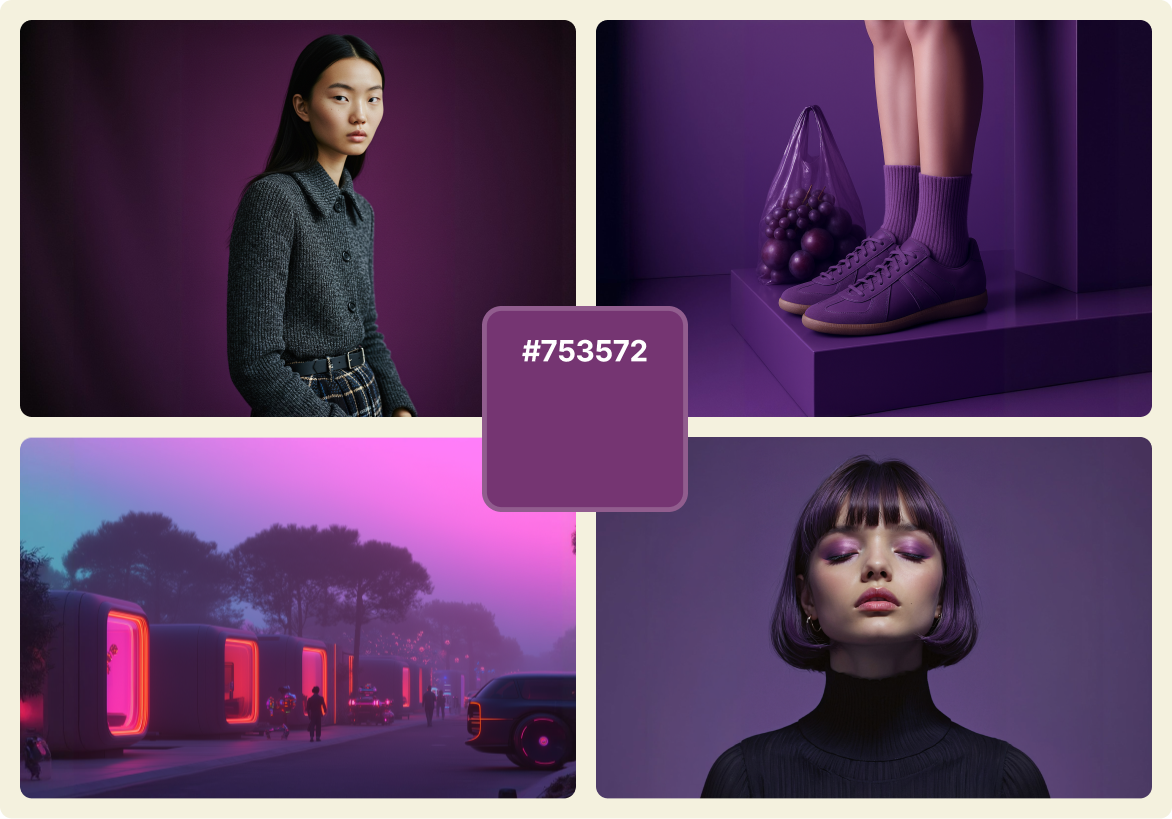 A futuristic purple color palette centered on the shade #753572, featuring visuals of a woman in a textured gray outfit against a violet background, a pair of purple sneakers beside a bag of matching spheres, a glowing neon cityscape in magenta and violet light, and a woman with purple hair and eyeshadow in a monochromatic setting. The image evokes a bold, creative, and modern aesthetic inspired by deep plum and violet tones.