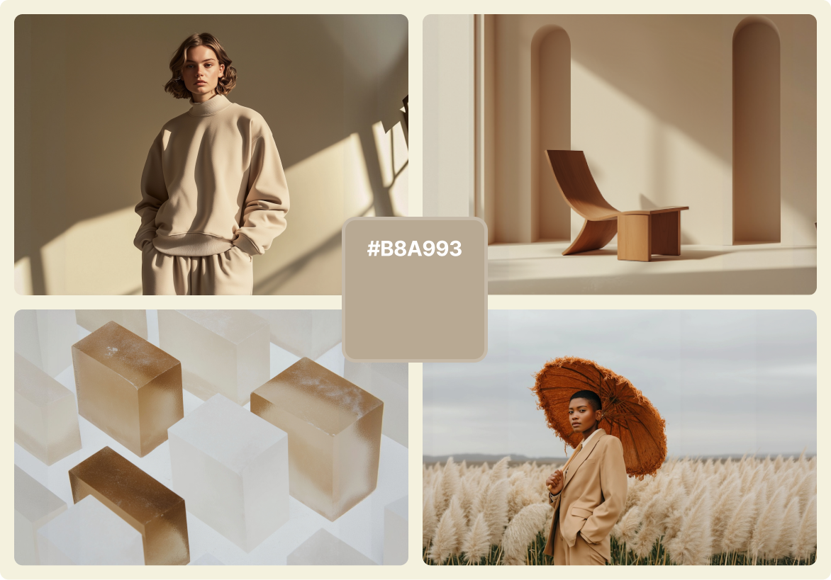 A soft neutral color palette centered on the shade #B8A993, featuring visuals of a woman in beige loungewear, a minimalist wooden chair bathed in sunlight, translucent cubes in cream and gold tones, and a person holding a brown umbrella in a pampas grass field. The image conveys calm, sophistication, and modern minimalism through warm beige and taupe hues.