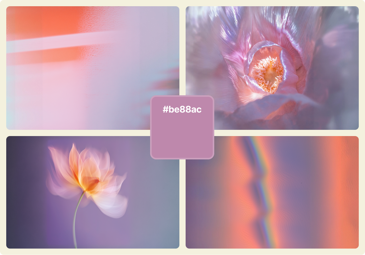 A dreamy pastel color palette centered on the shade #BE88AC, featuring soft visuals of blurred pink and lavender gradients, a delicate flower in bloom, a glowing close-up of petals, and a subtle rainbow reflection. The image evokes ethereal, romantic, and feminine energy through airy tones of mauve, peach, and lilac.