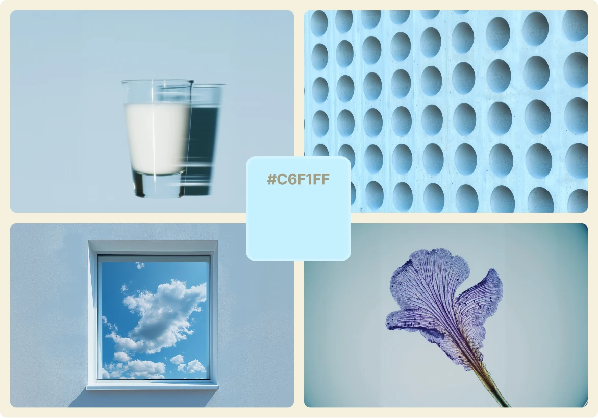 A cool, airy color palette centered on the shade #C6F1FF, featuring visuals of a glass of milk with motion blur, a perforated blue wall with circular patterns, a window showing a bright sky with clouds, and a delicate purple petal on a pale background. The image evokes freshness, clarity, and calm through light blue and icy pastel tones.