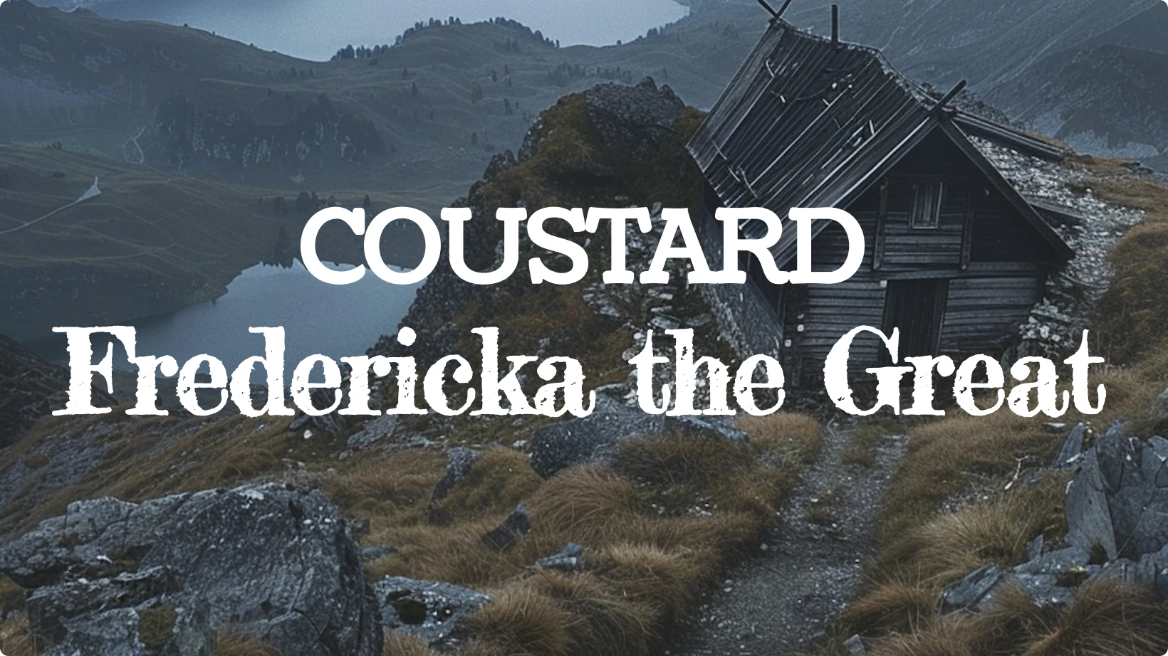 Example of font pairing using Coustard and Fredericka the Great displayed over a moody mountain landscape with a wooden cabin, showing how the two fonts contrast between clean slab serif and textured hand-drawn style.