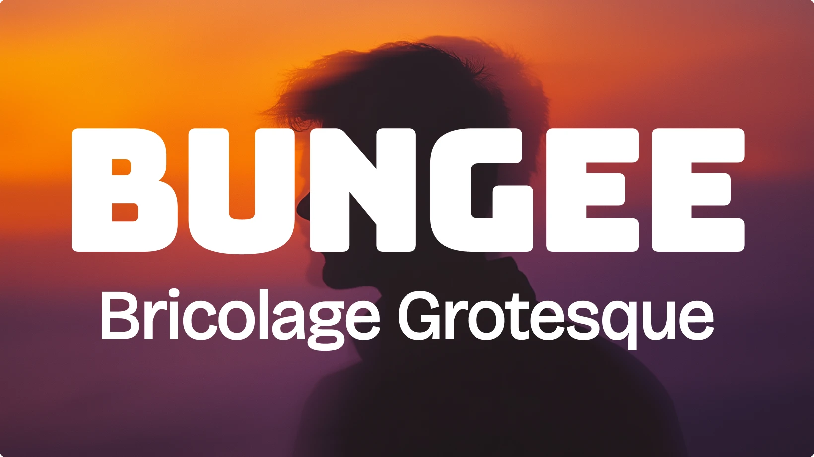 Example of font pairing using Bungee and Bricolage Grotesque displayed over a vibrant sunset silhouette, showing contrast between a bold geometric display font and a clean modern sans serif.