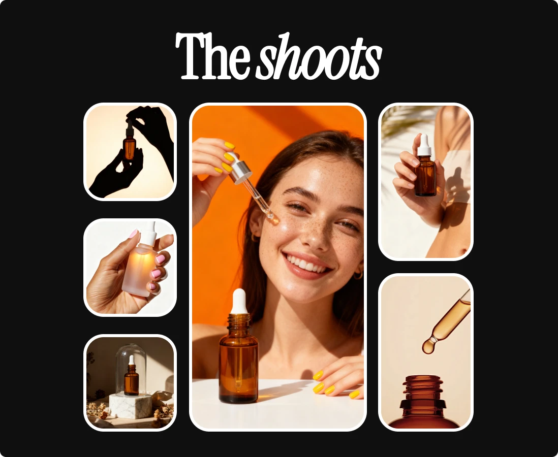A collage of product photography featuring a brown glass dropper bottle. The images include hands holding the bottle, a close-up of a woman applying serum to her face, a dropper releasing liquid, and the bottle displayed in various lighting and styled settings. The text ‘The shoots’ appears above the collage.
