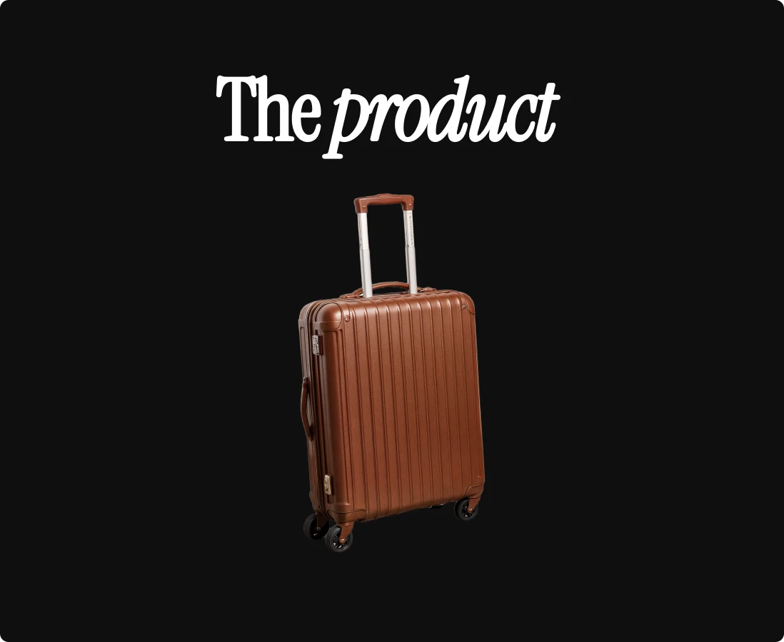A brown hard-shell suitcase with four wheels and a silver telescoping handle, displayed against a black background with the words ‘The product’ above it.
