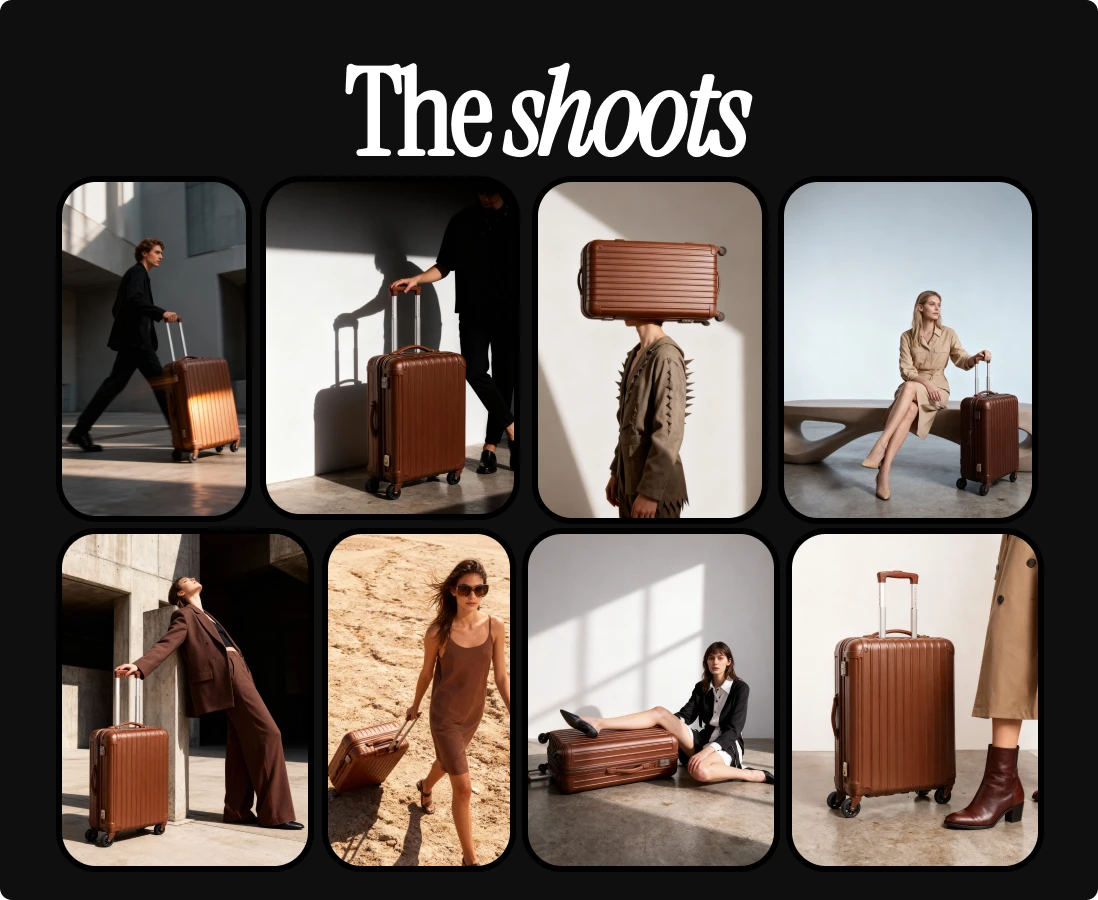 A collage of lifestyle photos featuring a brown hard-shell suitcase. The images show different models posing with the suitcase in various settings, including walking through modern architecture, standing in sunlight with shadows, sitting on benches, leaning against concrete structures, posing on sand, and using the suitcase as a seat. The text ‘The shoots’ appears above the collage.