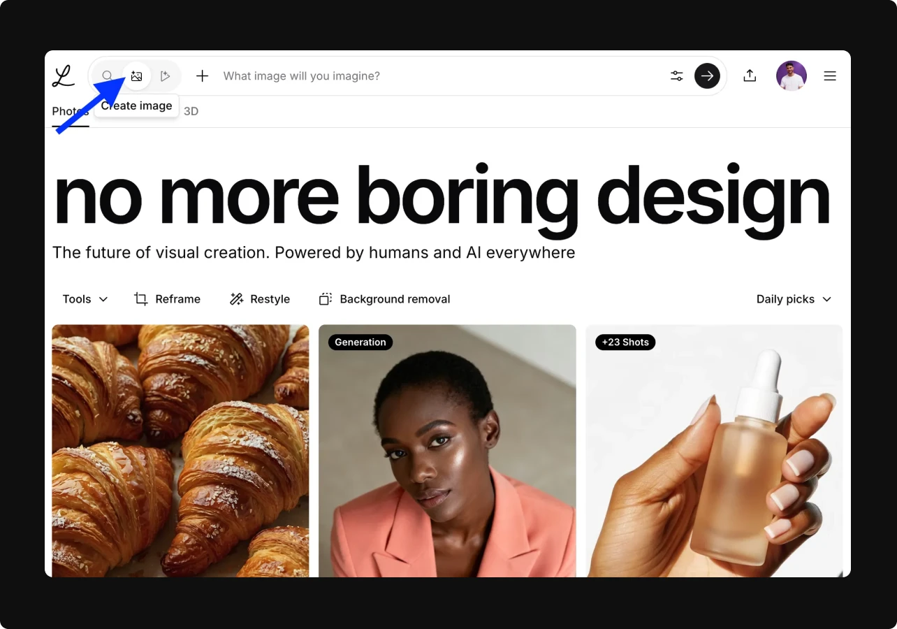 Screenshot of the Lummi homepage featuring the search bar, navigation icons, and the large headline ‘no more boring design.’ A blue arrow points to the ‘Create image’ icon in the top left of the interface.