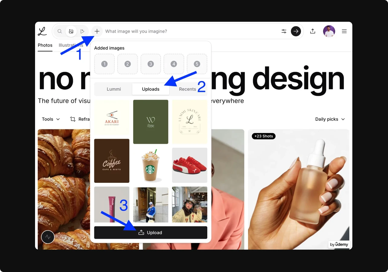 Screenshot of the Lummi upload menu. Blue arrows highlight three steps: clicking the plus icon, selecting the ‘Uploads’ tab, and clicking the ‘Upload’ button at the bottom. A grid of previously uploaded images is visible.