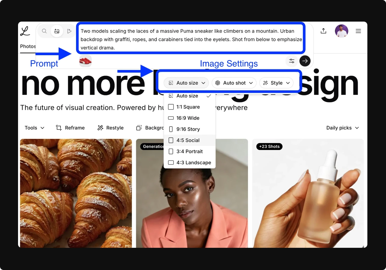 Screenshot of the Lummi prompt bar and image settings panel. A blue box highlights a sample prompt describing a Puma sneaker concept. Blue arrows point to the prompt field and the image settings menu, which shows options like aspect ratios and styles.