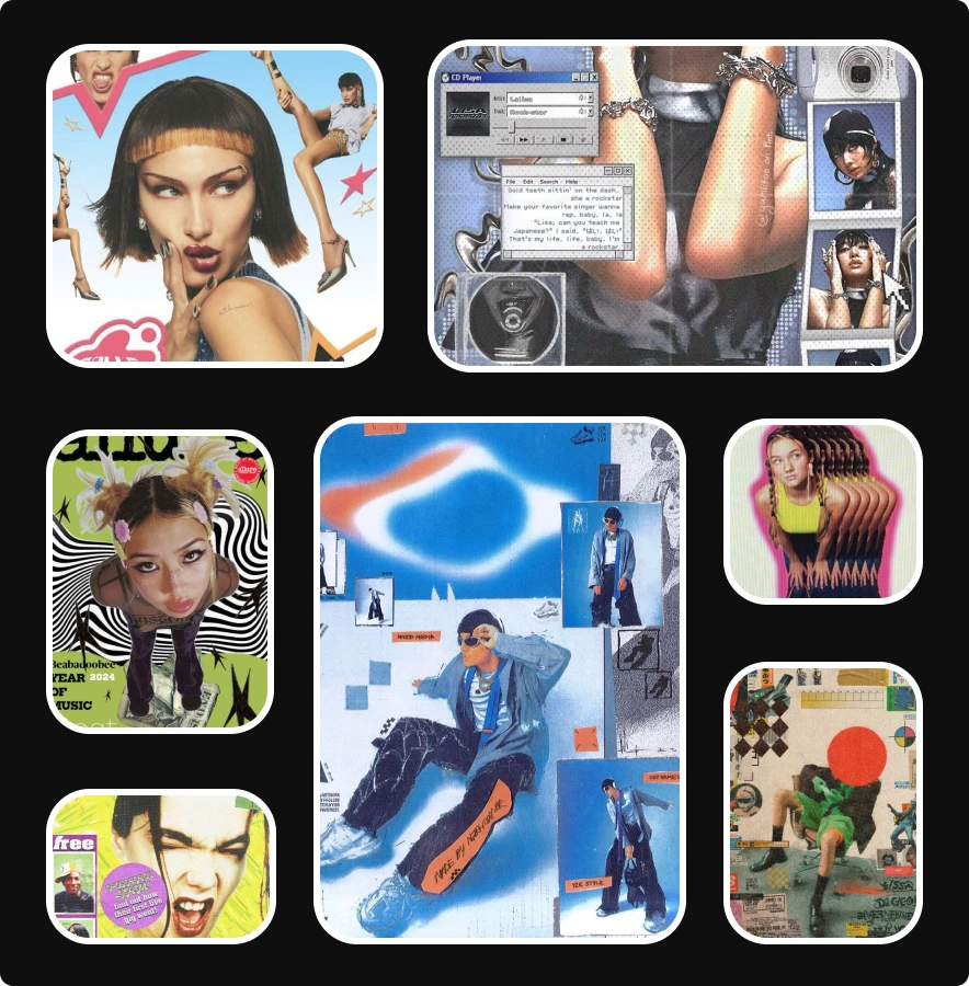 Collage of Y2K-inspired zine graphics featuring cut-and-paste layouts, bold makeup, retro fashion poses, and nostalgic magazine textures, reflecting current graphic design trends covered in graphic design news.