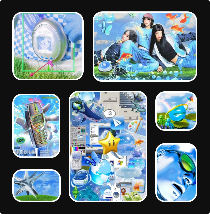 Frutiger Aero–inspired visuals featuring glossy 2000s UI elements, blue gradients, floating icons, and retro tech objects, reflecting a nostalgic graphic design trend widely discussed in graphic design news.