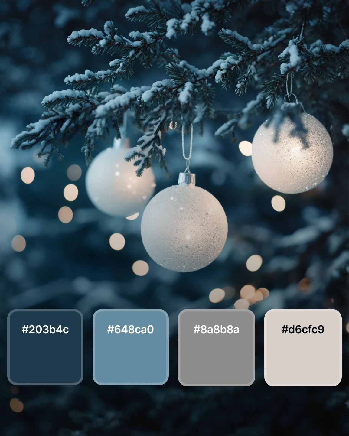 Snow-covered evergreen branches with white ornaments hanging in soft winter light, with blurred warm bokeh lights in the background and a palette of deep blue, steel blue, gray, and off-white swatches displayed on the right.