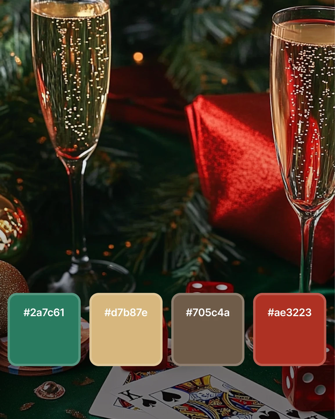 Champagne glasses on a green table surrounded by holiday decor, red gift wrap, dice, poker chips, and ornaments, with green, gold, brown, and muted red color swatches shown on the right. Hearthside Warmth image