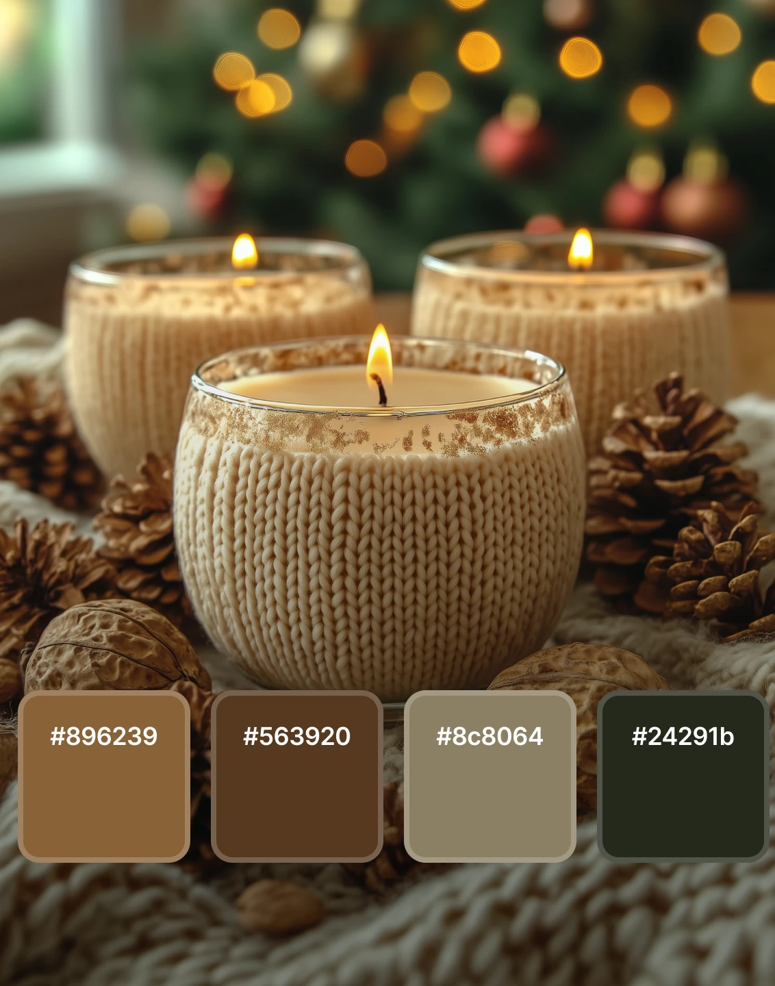 Three lit candles in knitted holders placed among pinecones and nuts with a blurred Christmas tree in the background, and brown, dark brown, beige, and deep green color swatches displayed on the right.
