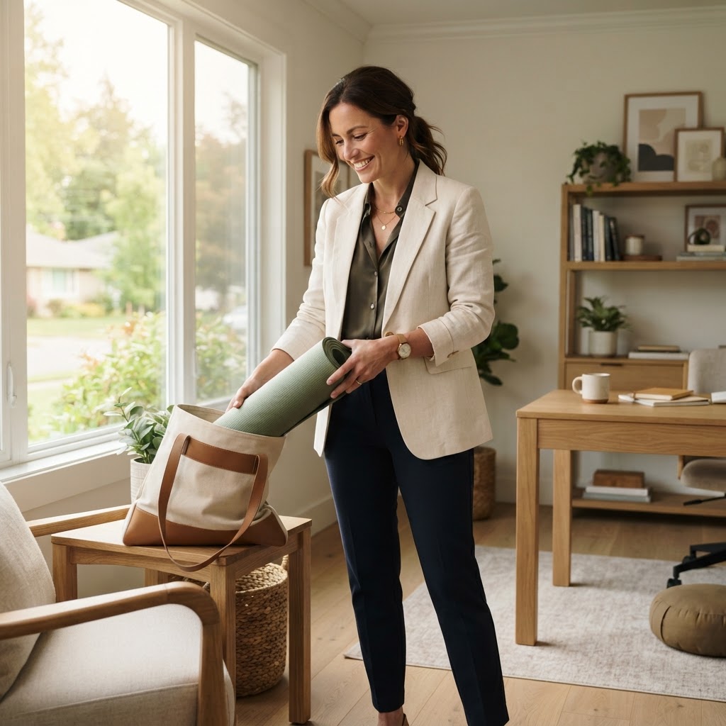 A professional preparing for a wellness activity at home