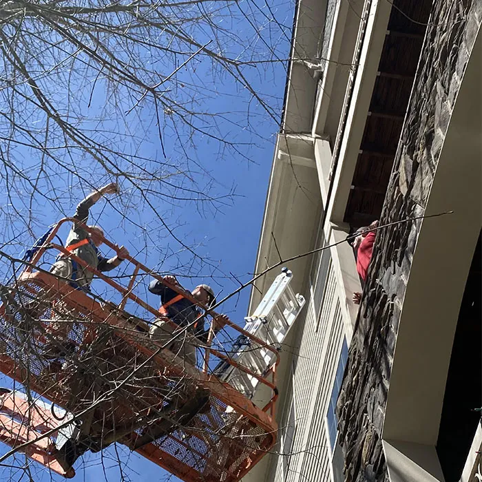 Jobtown Cleaning Co team using equipment to reach a dryer vent safely.