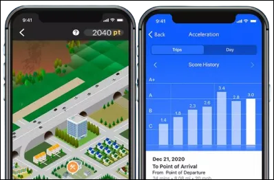 Two smartphone screens displaying a driver coaching app. The left screen shows a map with a car icon and points earned, while the right screen shows acceleration score history in a bar graph format