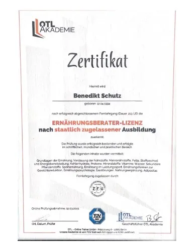 Zertifikat Ernährungsberater Lizenz Benedikt Schutz