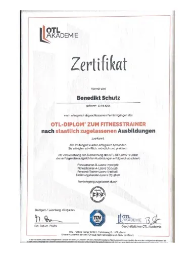 Zertifikat OTL-Diplom Fitnesstrainer Benedikt Schutz