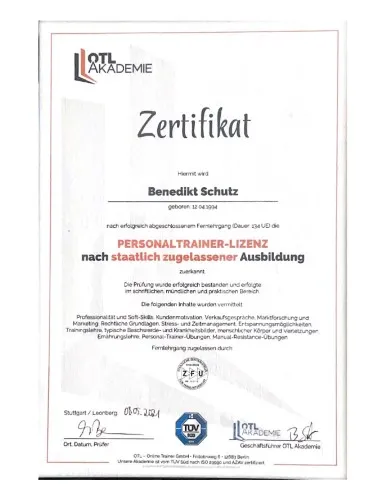 Zertifikat Personal Trainer Benedikt Schutz