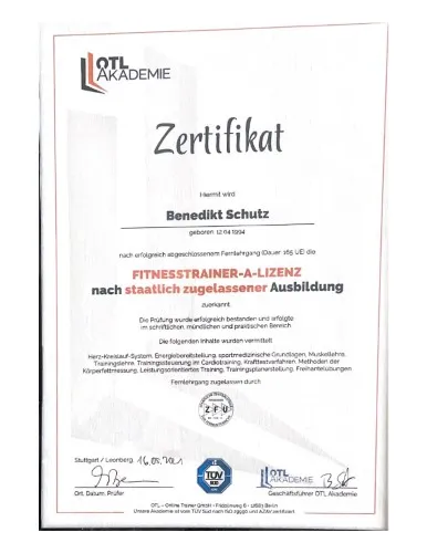 Zertifikat Fitnesstrainer A Lizenz Benedikt Schutz