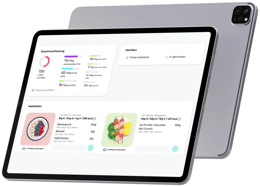 Übersichtlicher Ernährungsplan mit Mahlzeiten und Kalorien auf dem Tablet – flexible und digitale Ernährungsberatung im Rems-Murr-Kreis.