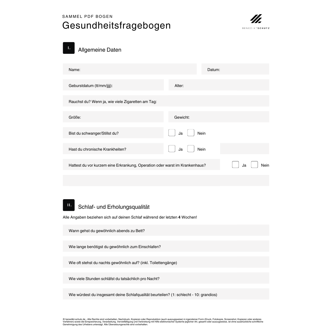 Ausführlicher Gesundheitsfragebogen zur Analyse von Schlaf, Ernährung und Fitness – Grundlage für maßgeschneidertes Personal Training im Rems-Murr-Kreis und Stuttgart.