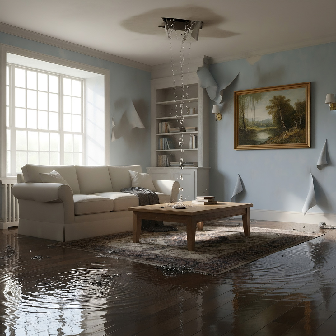 Water leaking through a ceiling into a living room, causing visible water damage to walls and floor. Example of domestic flood damage MyHomeDry restores.