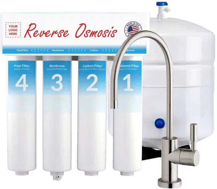Reverse osmosis water filtration system with tank and faucet, featuring four labeled filters for purification.