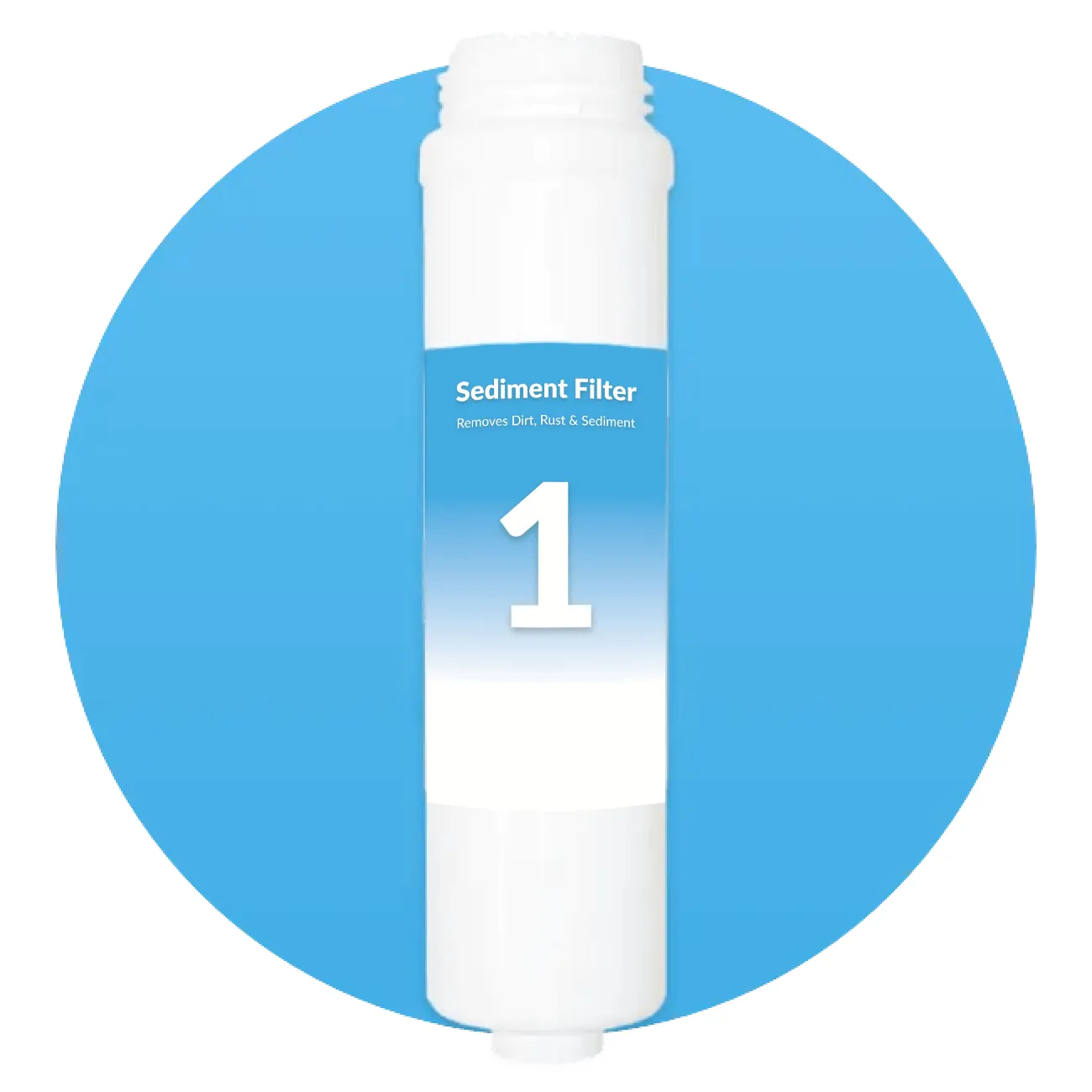 White sediment filter cartridge labeled number 1, designed to remove dirt, rust, and sediment.