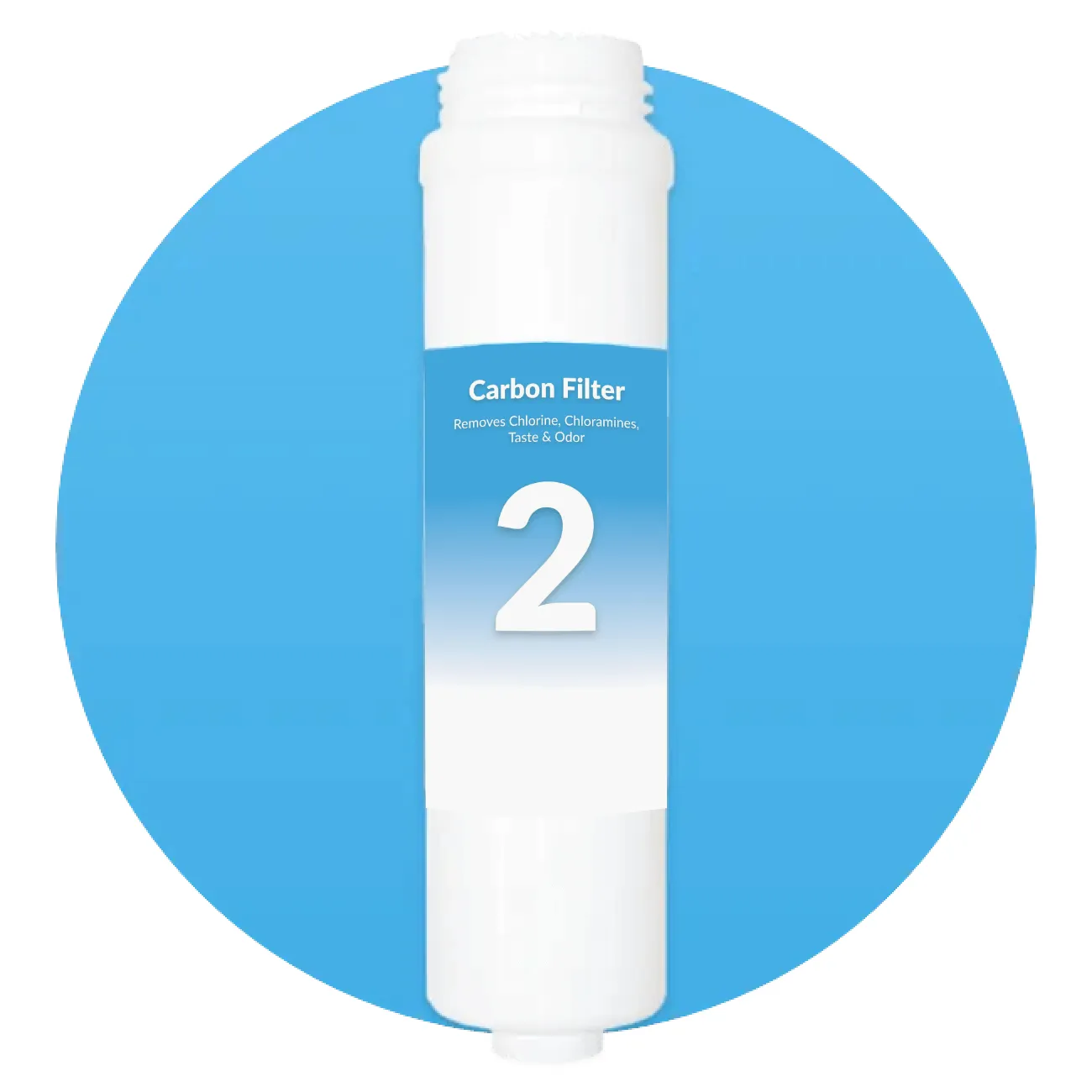 White cylindrical carbon filter labeled with number 2 on a blue circular background, removes chlorine, chloramines, taste, and odor.