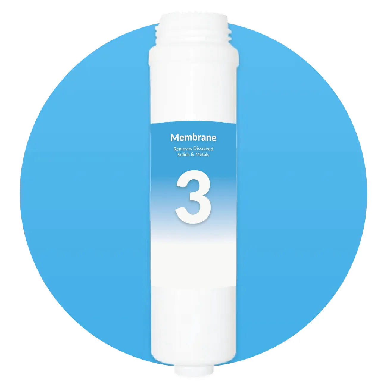 White water filter membrane labeled with number 3 and text 'Removes Dissolved Solids & Metals' on a blue circular background.