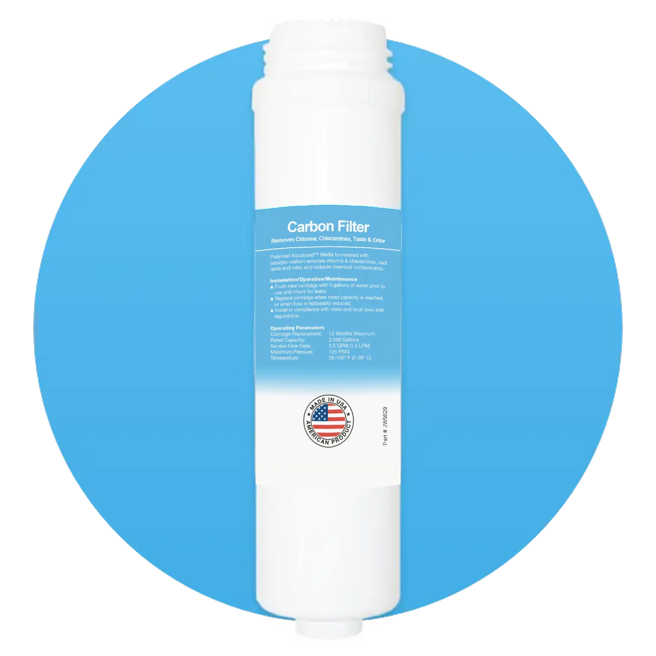 White carbon filter cartridge with blue label detailing features, installation, operating parameters, and a Made in USA emblem.