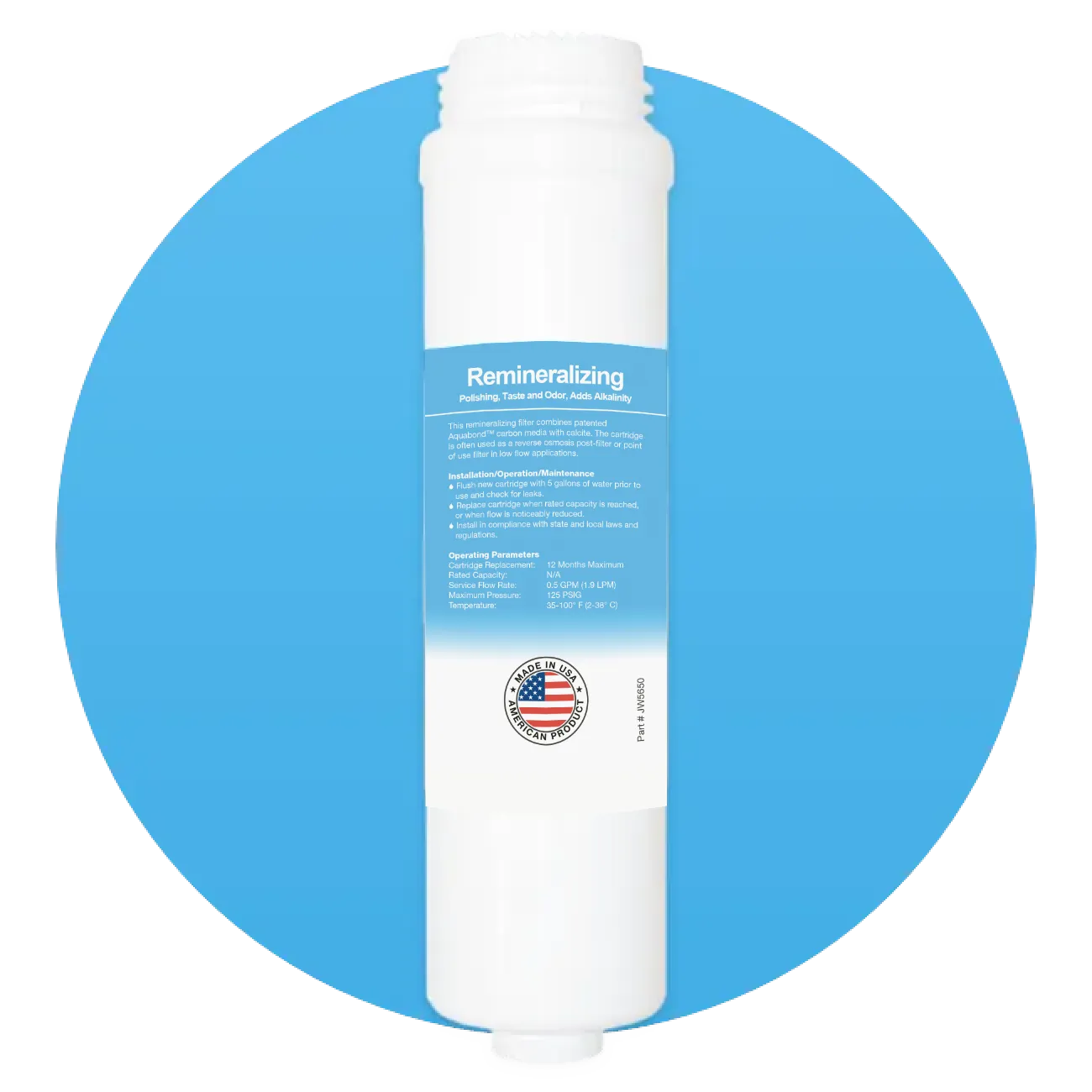 White remineralizing water filter cartridge with blue label detailing installation, operation, and specifications.