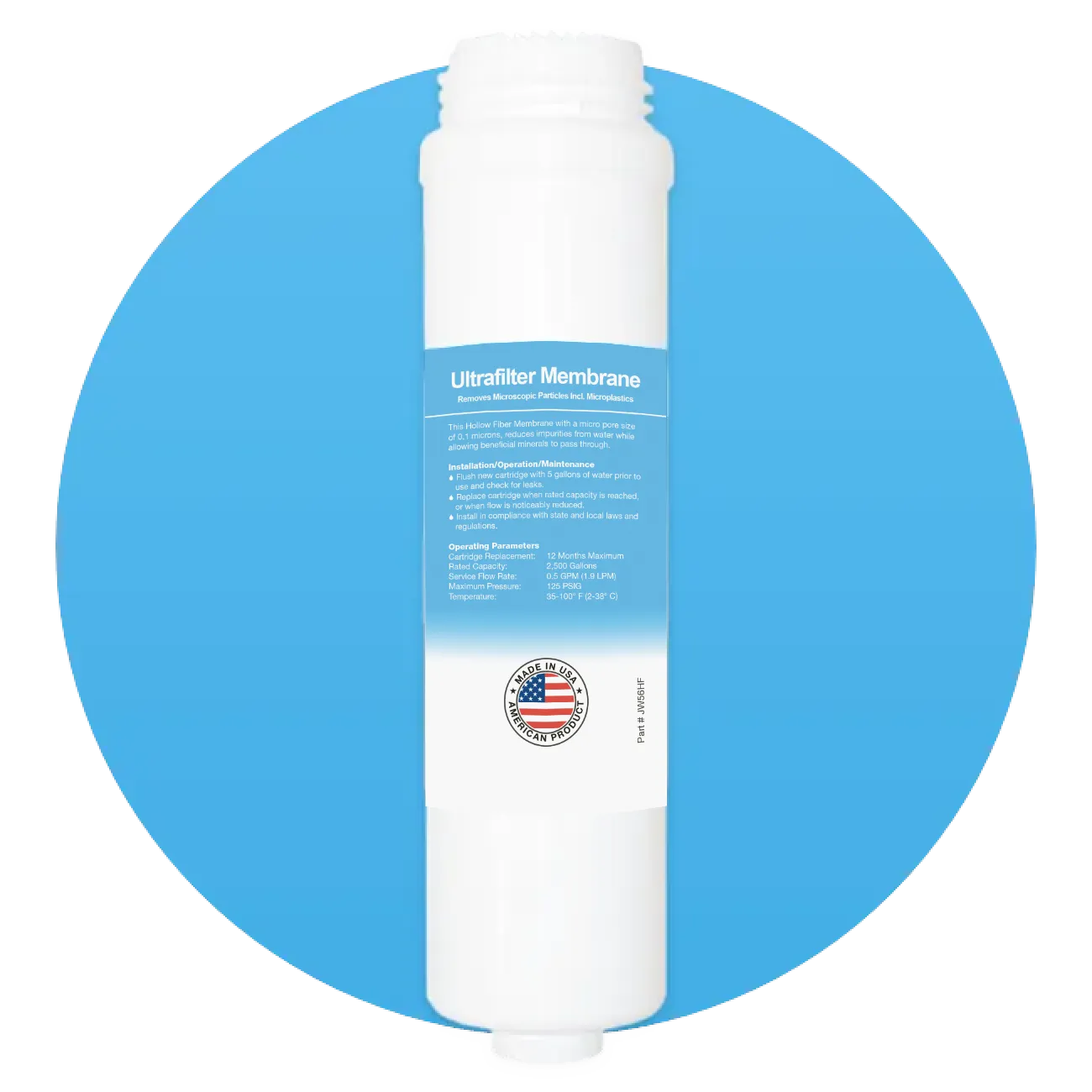 White ultrafilter membrane water filter cartridge with a blue label detailing specifications and a Made in USA emblem.