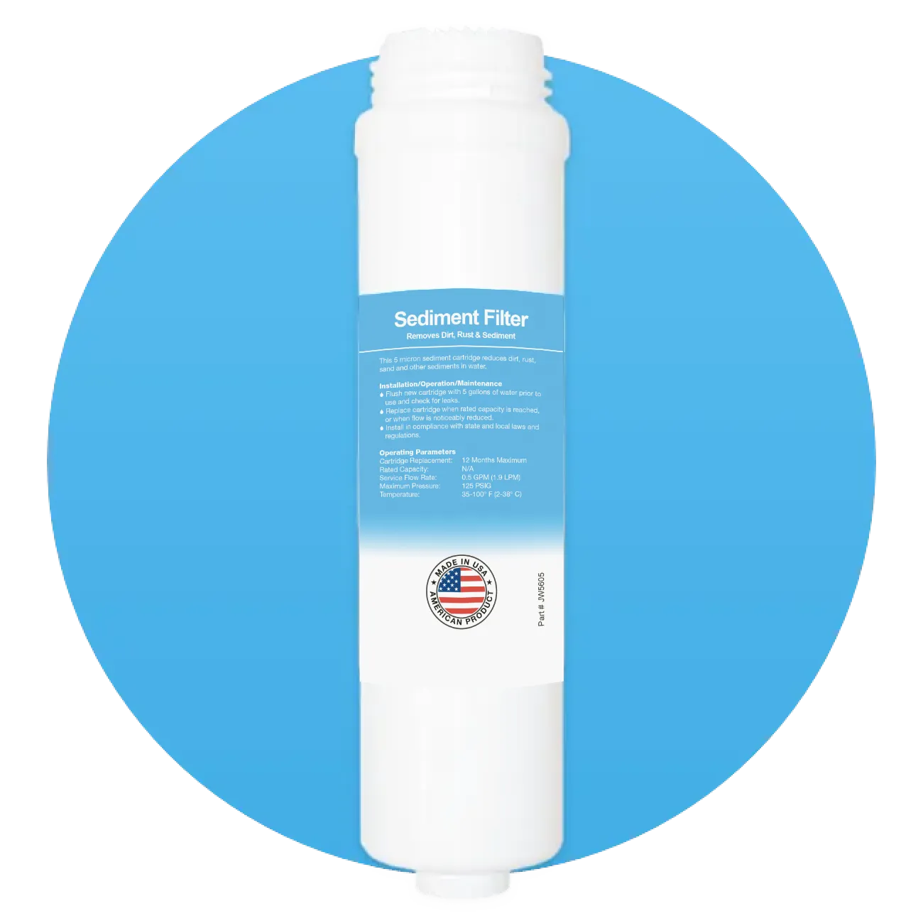 White sediment water filter cartridge with blue label detailing its use, maintenance instructions, and a Made in USA emblem.