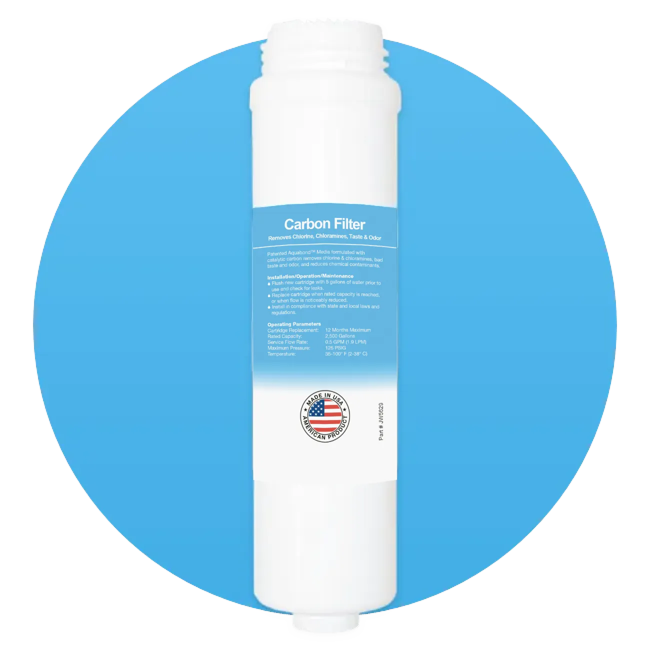 White carbon water filter cartridge with blue label detailing usage, maintenance, and operating parameters, on a blue circular background.