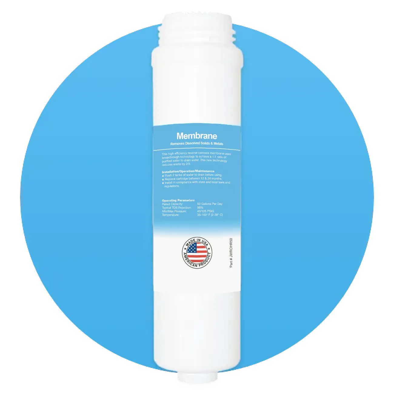 White cylindrical water filter labeled 'Membrane' with information about removing dissolved solids and metals, installation instructions, and made in USA badge.
