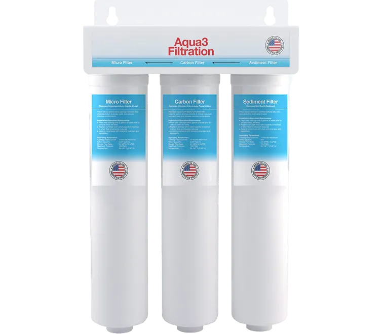 Aqua3 Filtration system with three white cylindrical filters labeled Micro Filter, Carbon Filter, and Sediment Filter.