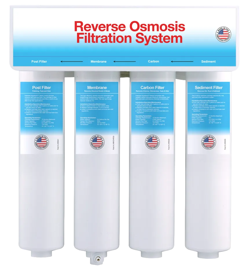 Reverse Osmosis Filtration System with four labeled filter cartridges: Post Filter, Membrane, Carbon Filter, and Sediment Filter.