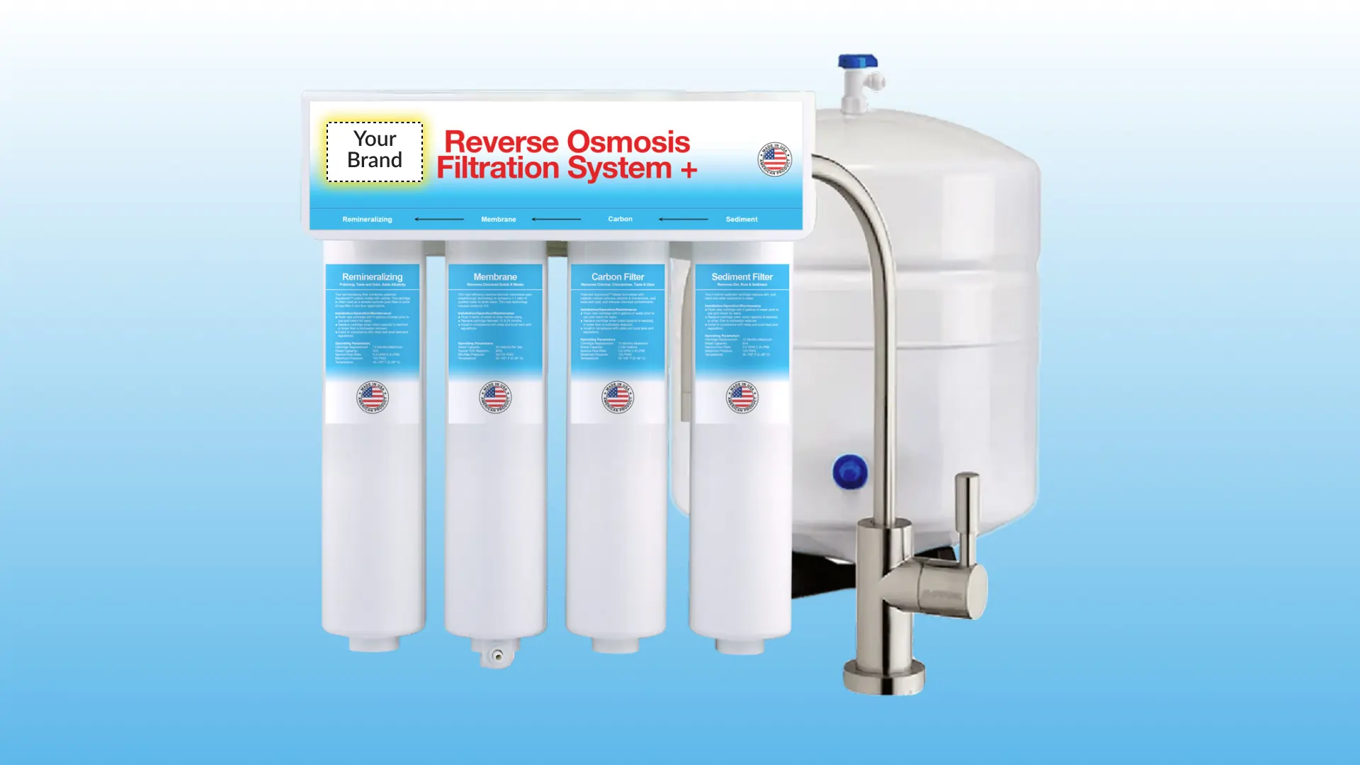 Reverse osmosis water filtration system with four filter cartridges next to a white water tank and a stainless steel faucet.