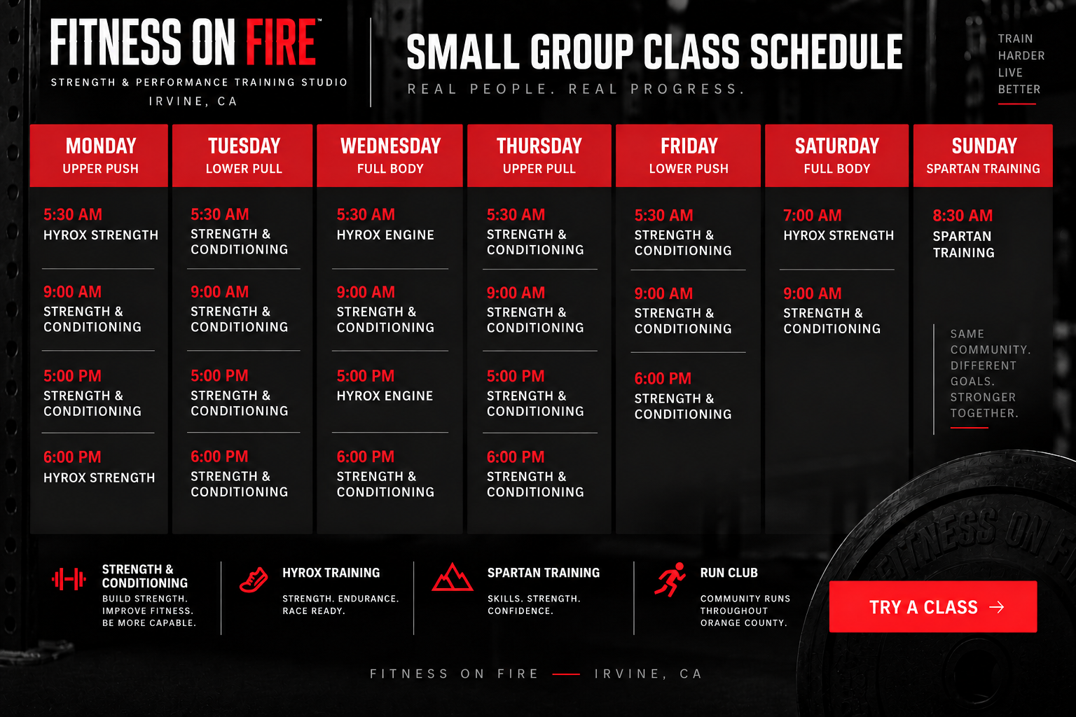Fitness on Fire Small Group Class Schedule - Monday through Sunday class times