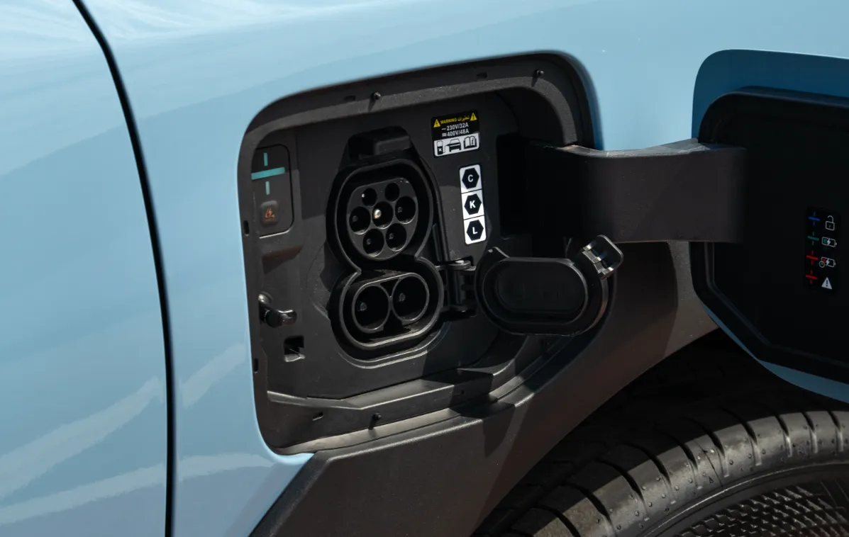 Blue Kia EV2 Air CCS2 Charging Port with DC Flap Open